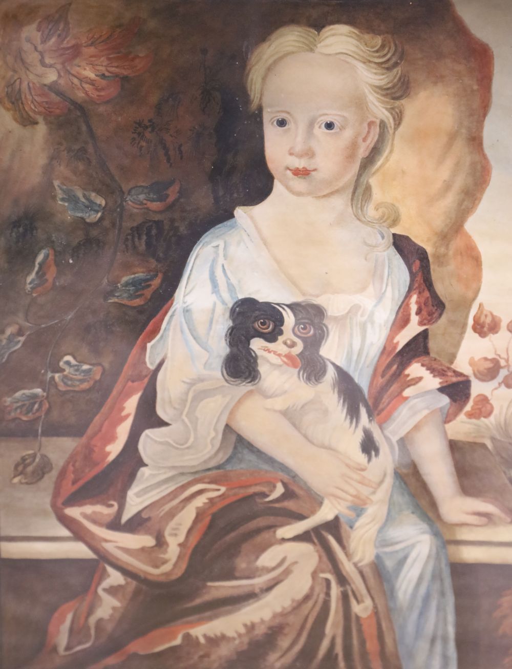 18th century English School, watercolour on paper, Portrait of a young woman seated with a spaniel, 38 x 32cm
